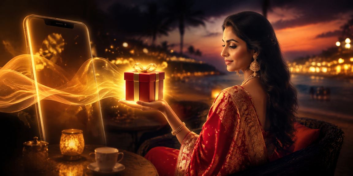 Young woman gaming on mobile app at Goa beach
