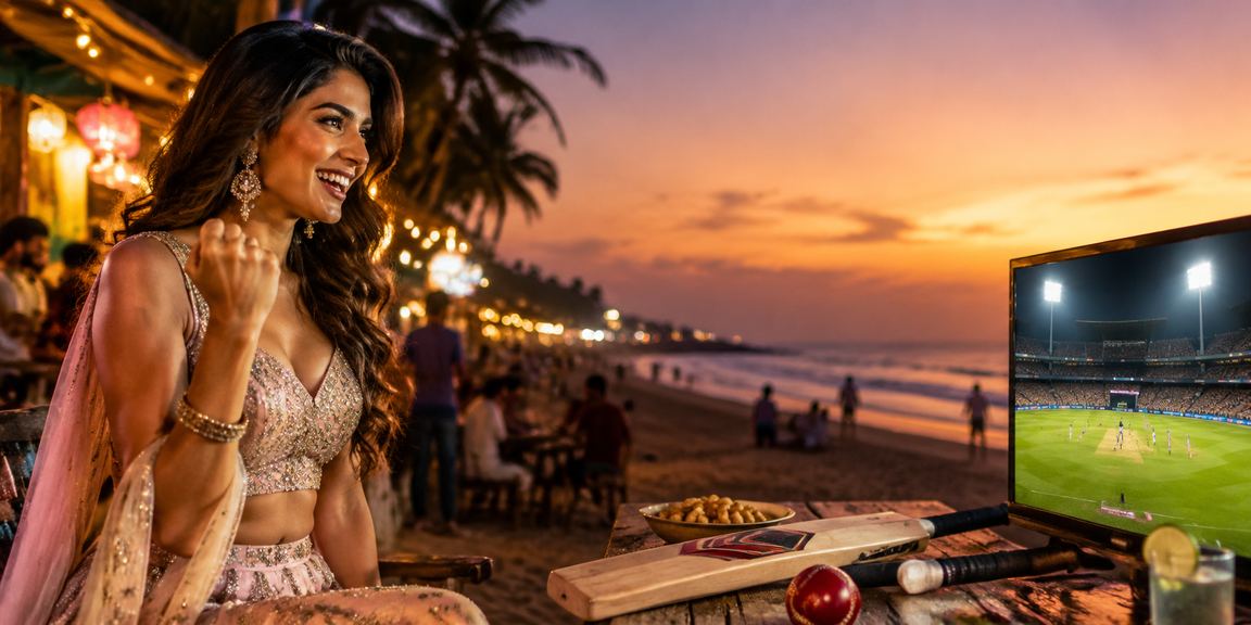 Mobile cricket betting at Goa beach with Bollywood theme
